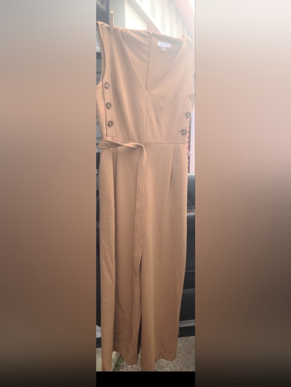 Sleeveless V-Neck Wide-Leg Jumpsuit in Camel Brown with Side Buttons